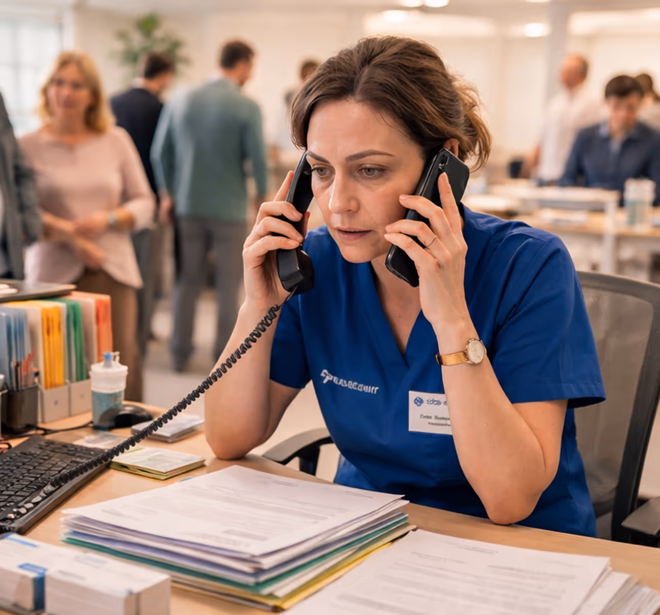 Healthcare worker in blue scrubs multitasking while answering two phones at an office desk with papers.