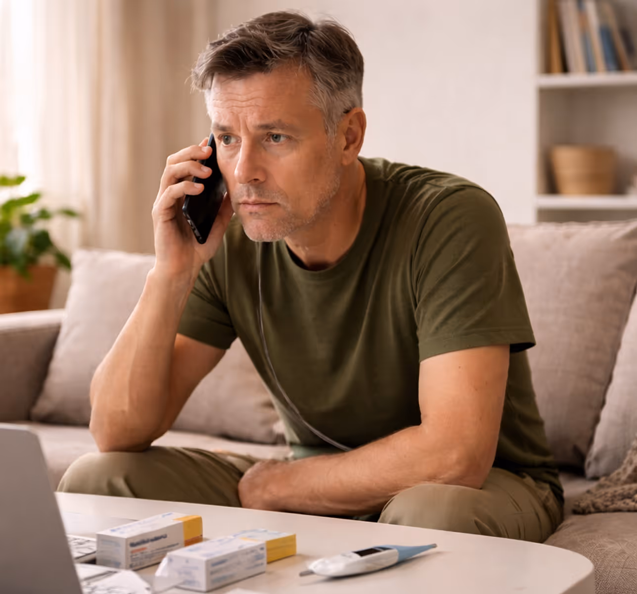 Concerned middle-aged man talking on phone at home with medication and a thermometer on table.