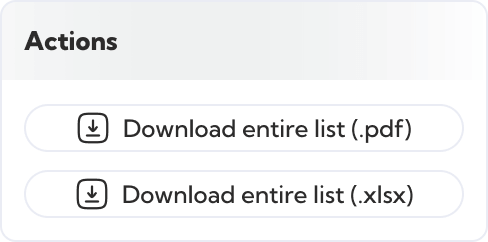 Boutons pour télécharger la liste complète aux formats PDF et XLSX.