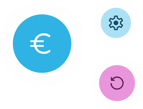 Icône principale du symbole euro blanc sur fond bleu, avec deux petites icônes circulaires à droite : un engrenage bleu clair et une flèche circulaire violette.