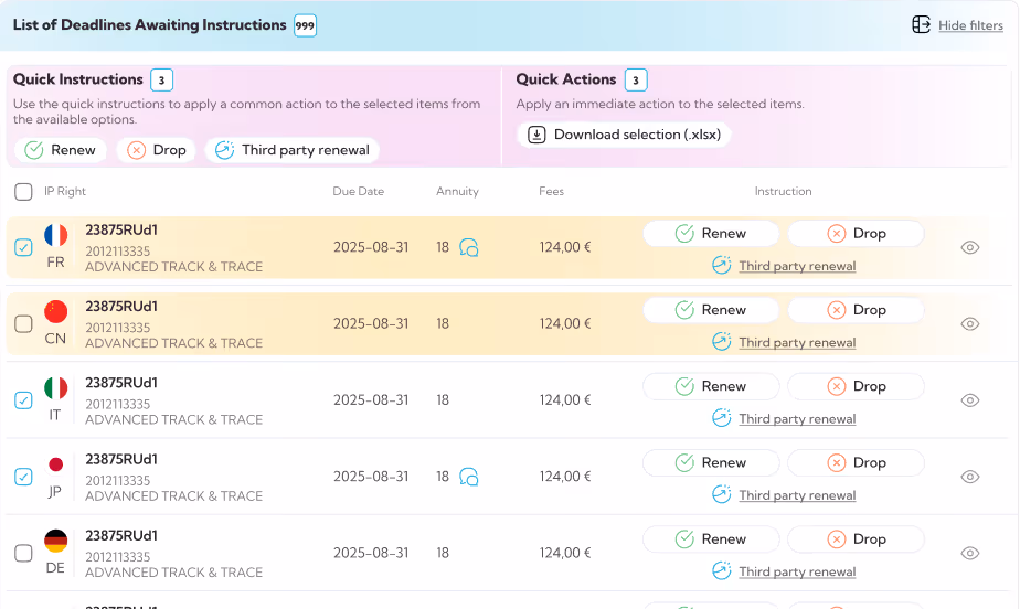 Liste des échéances en attente d'instructions avec options pour renouveler, abandonner ou renouveler par un tiers, incluant plusieurs pays comme France, Chine, Italie, Japon et Allemagne.