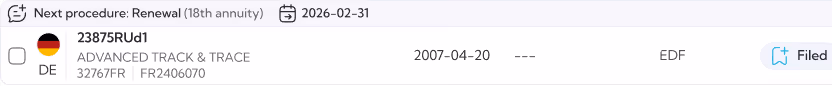 Interface with next procedure renewal for 18th annuity on invalid date 31 February 2026, displaying German flag, ID 23875RUd1, description Advanced Track & Trace, dates 2007-04-20 and placeholder, EDF company, and a filed status icon.