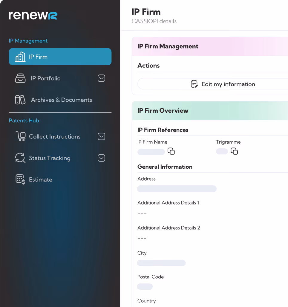 Interface de gestion d'un cabinet de propriété intellectuelle avec menu latéral comprenant Cabinet PI, Portefeuille PI, Archives, Collecte des instructions, Suivi du statut et Estimation, et panneau principal affichant les détails du cabinet, références, et informations générales.