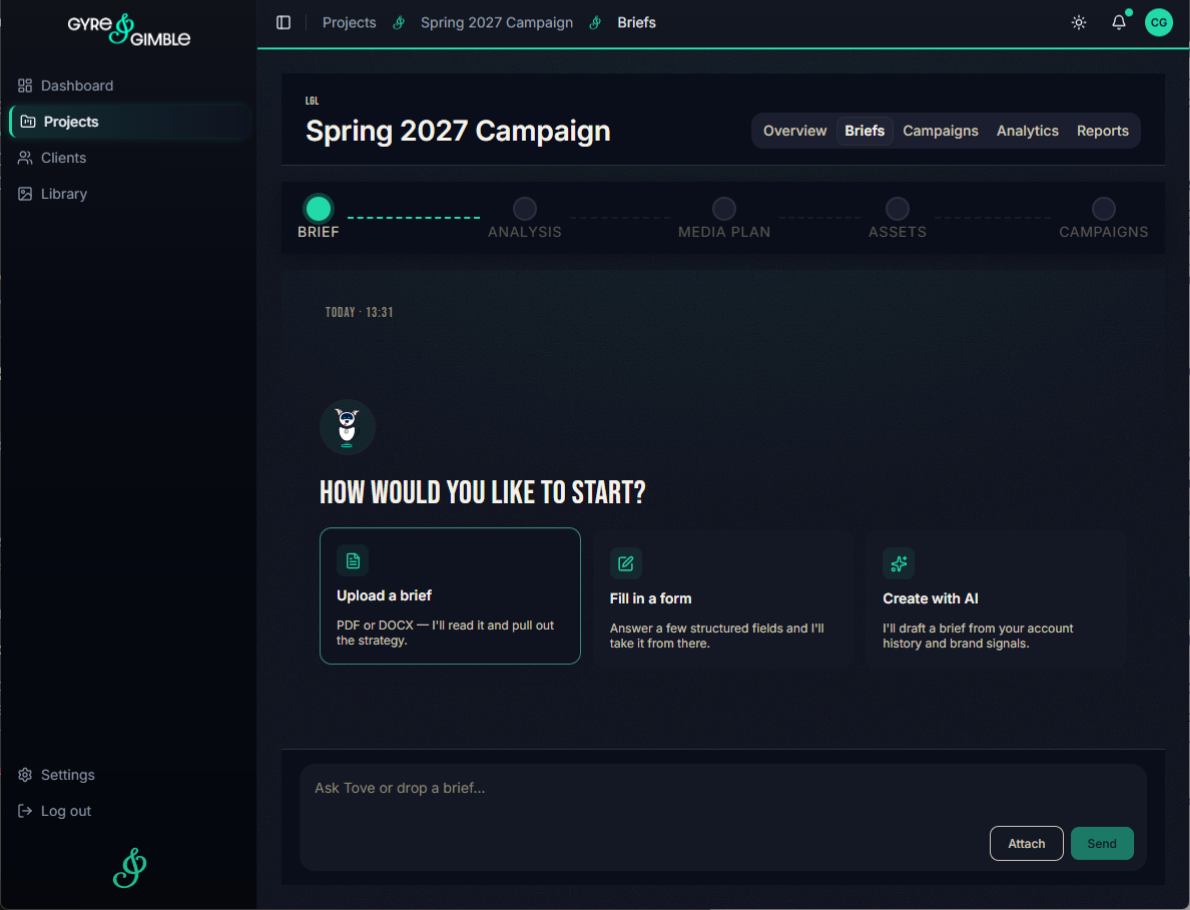 Project dashboard for Spring 2027 Campaign showing options to upload a brief, fill a form, or create with AI.