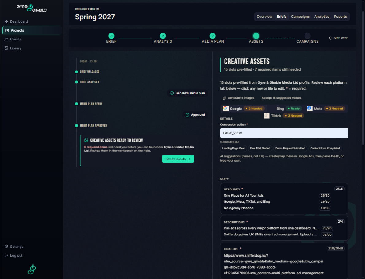 Dashboard screen showing Spring 2027 media plan with creative assets and status steps for Gyre & Gimble Media Ltd.
