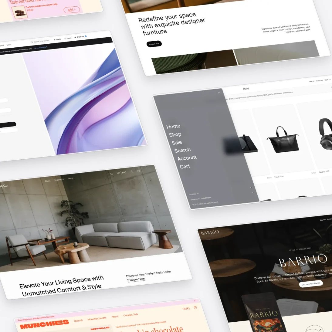Collage of website screenshots showing designer furniture, product shopping, menu navigation, coffee branding, and snack promotion.