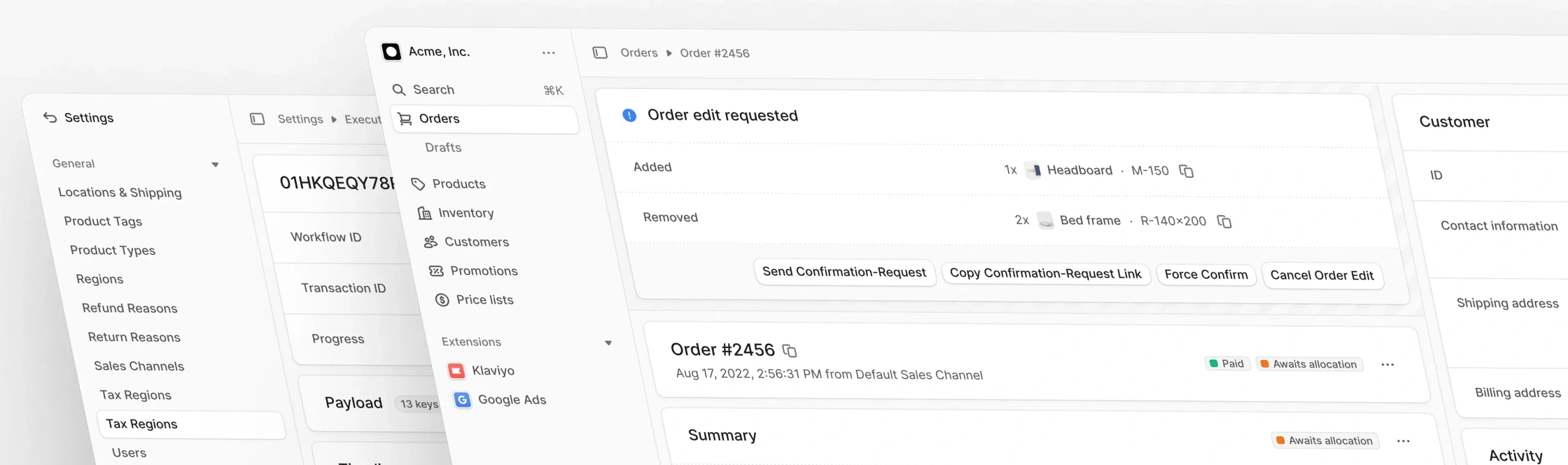 Screenshot of an order management dashboard showing order #2456 with edit request details, product changes, and customer information.