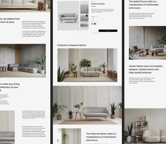 Minimalist living room setups featuring modern sofas in neutral tones, indoor plants, and simple decor in bright, clean spaces.