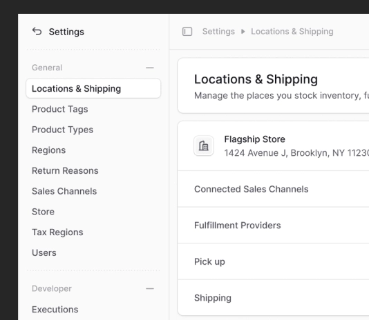 Settings menu focused on Locations & Shipping, showing Flagship Store address and related sales channels and fulfillment options.