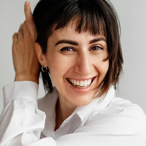 Smiling woman with short dark hair and earrings, wearing a white shirt against a light background.