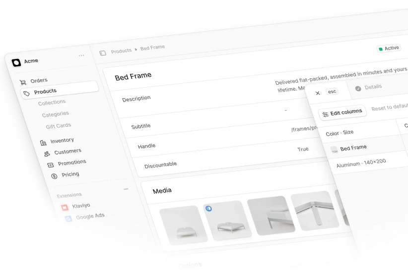 Screenshot of a product management dashboard showing details for a bed frame including description, handle, discountable status, and media previews.