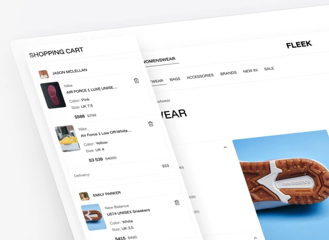 Screen showing an online shopping cart with listings for Nike and New Balance sneakers, including details like color, size, price, and user names.
