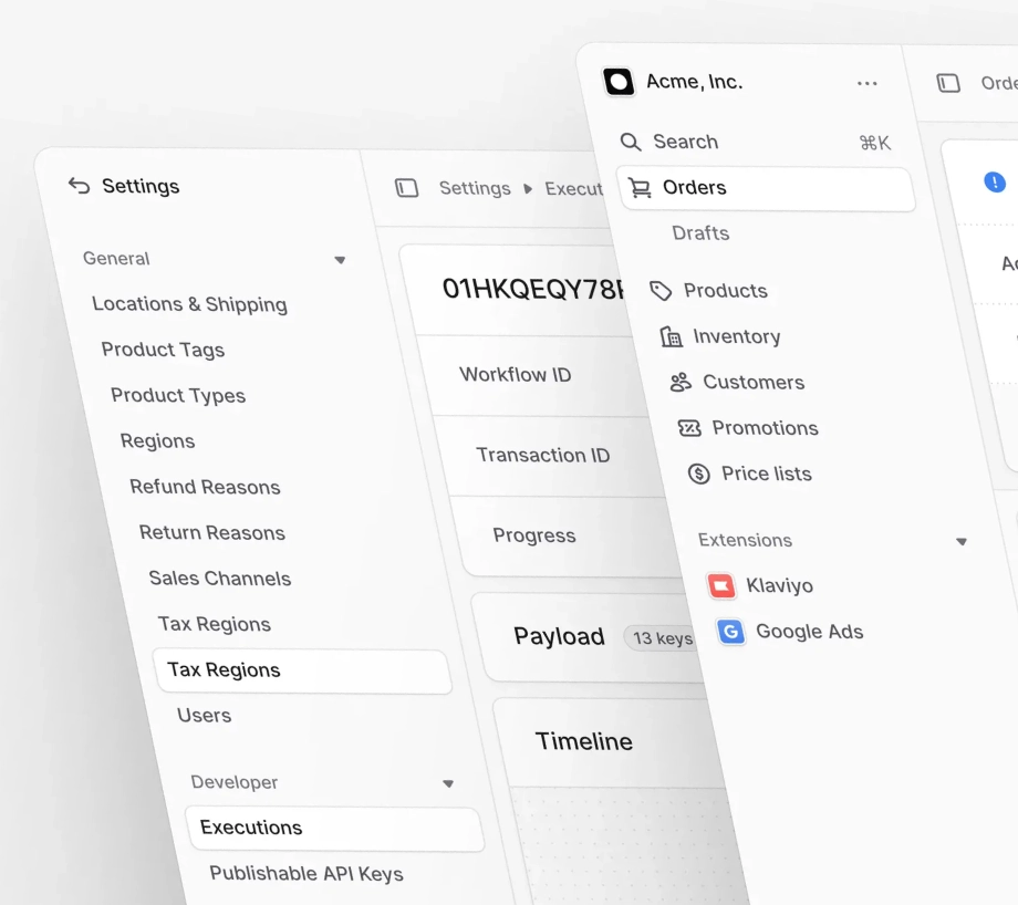User interface showing settings menu with sections for General, Developer, and Extensions, including options like Tax Regions, Executions, Orders, and integrations with Klaviyo and Google Ads.
