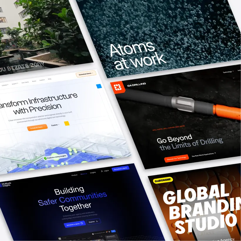 Collage of website screenshots showing designer furniture, product shopping, menu navigation, coffee branding, and snack promotion.