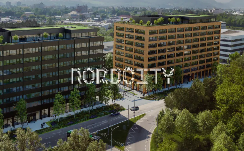 Aerial view of two modern office buildings with rooftop greenery, surrounded by trees and roads, with a semi-transparent text overlay saying Nordcity.