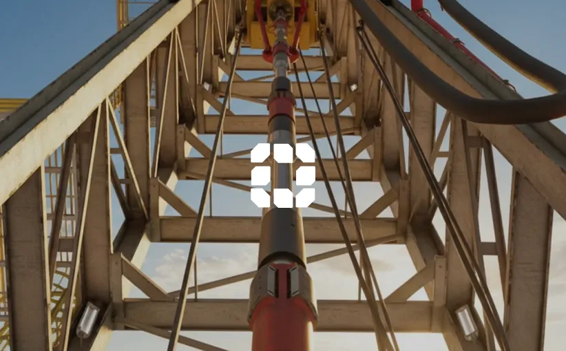 Low-angle view of an industrial drilling rig structure with pipes and cables against a blue sky.