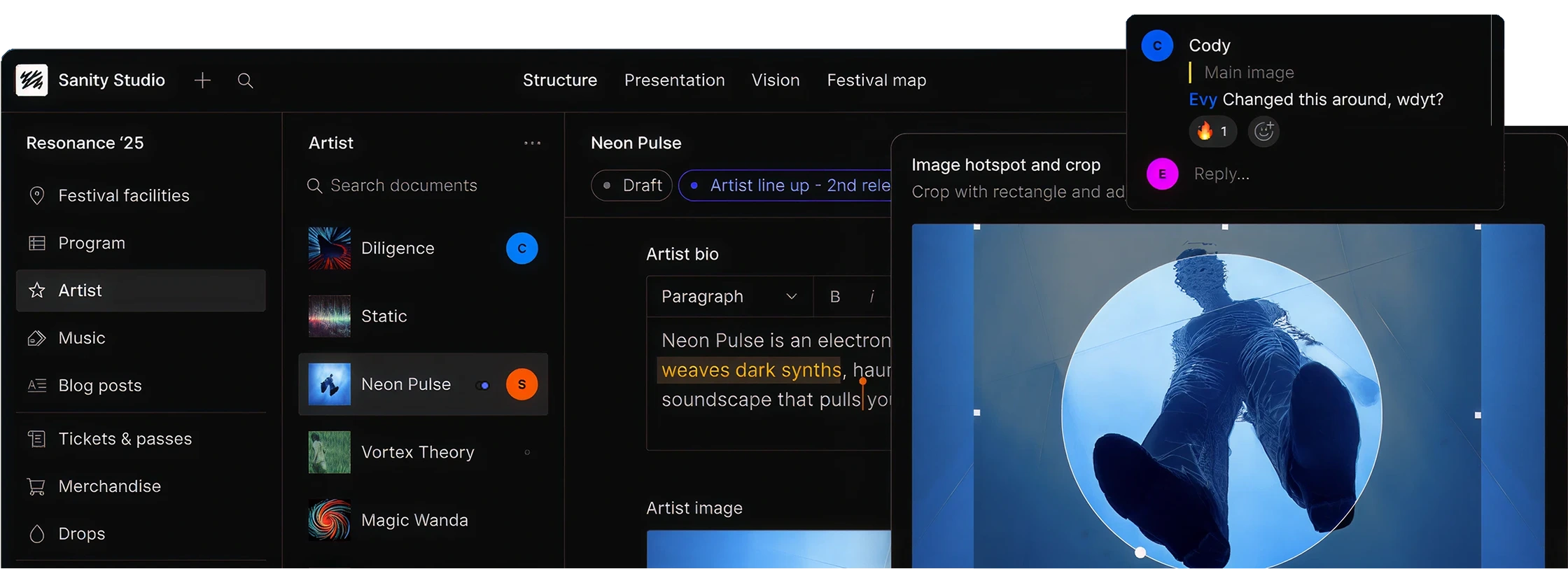 Sanity Studio interface displaying an artist editor with highlighted text, discussion comments, and an image hotspot and crop tool showing a low-angle photo of a person standing above a circular frame.