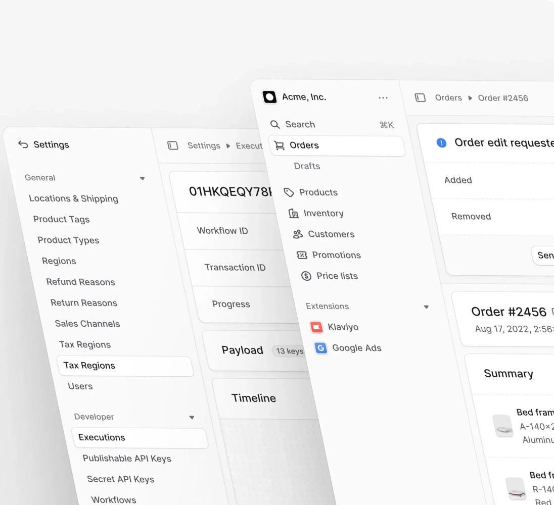 User interface showing an e-commerce dashboard with menu options like Orders, Products, Inventory, Customers, and promotional extensions Klaviyo and Google Ads.