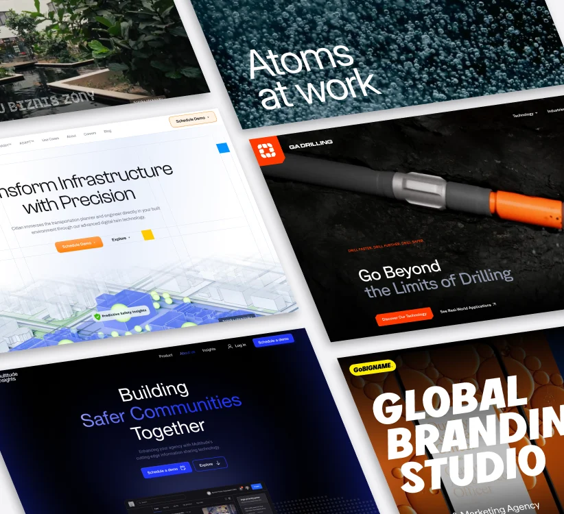 Collage of website homepage designs featuring technology and infrastructure themes, including phrases like 'Atoms at work,' 'Go Beyond the Limits of Drilling,' 'Building Safer Communities Together,' and 'Global Branding Studio.'