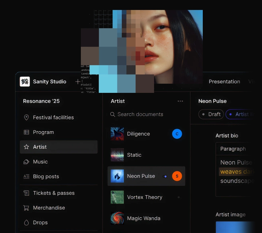 User interface of Sanity Studio featuring a dark-themed menu with categories like Festival facilities, Program, Artist, Music, and a highlighted artist profile named Neon Pulse with a pixelated face and a clear photo of a woman.