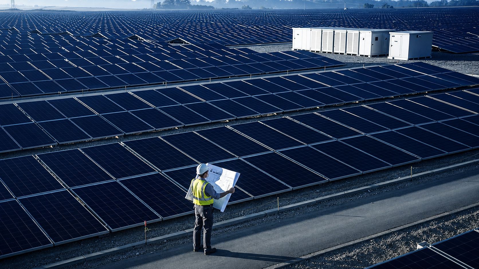Güneş enerjisi sahasında proje planını inceleyen mühendis