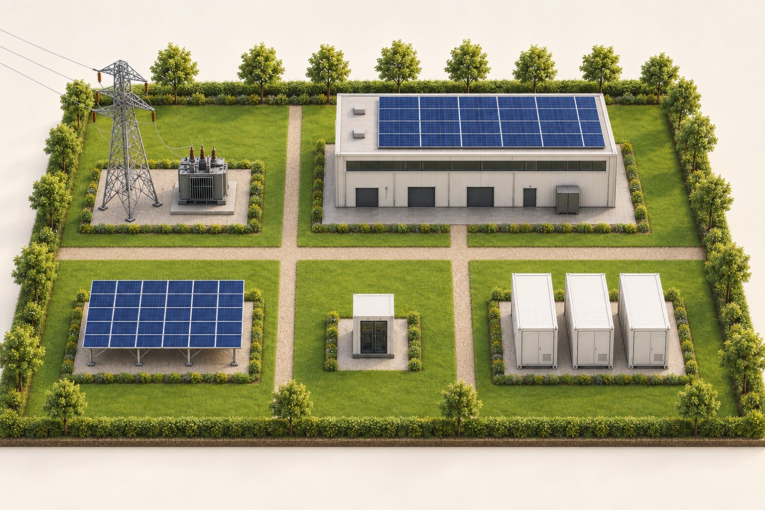 Yeşil bir sahada iki düzenli sıraya yerleştirilmiş şebeke ve trafo, güneş panelli tesis, güneş üretim alanı, EMS kabini ve enerji depolama üniteleri.