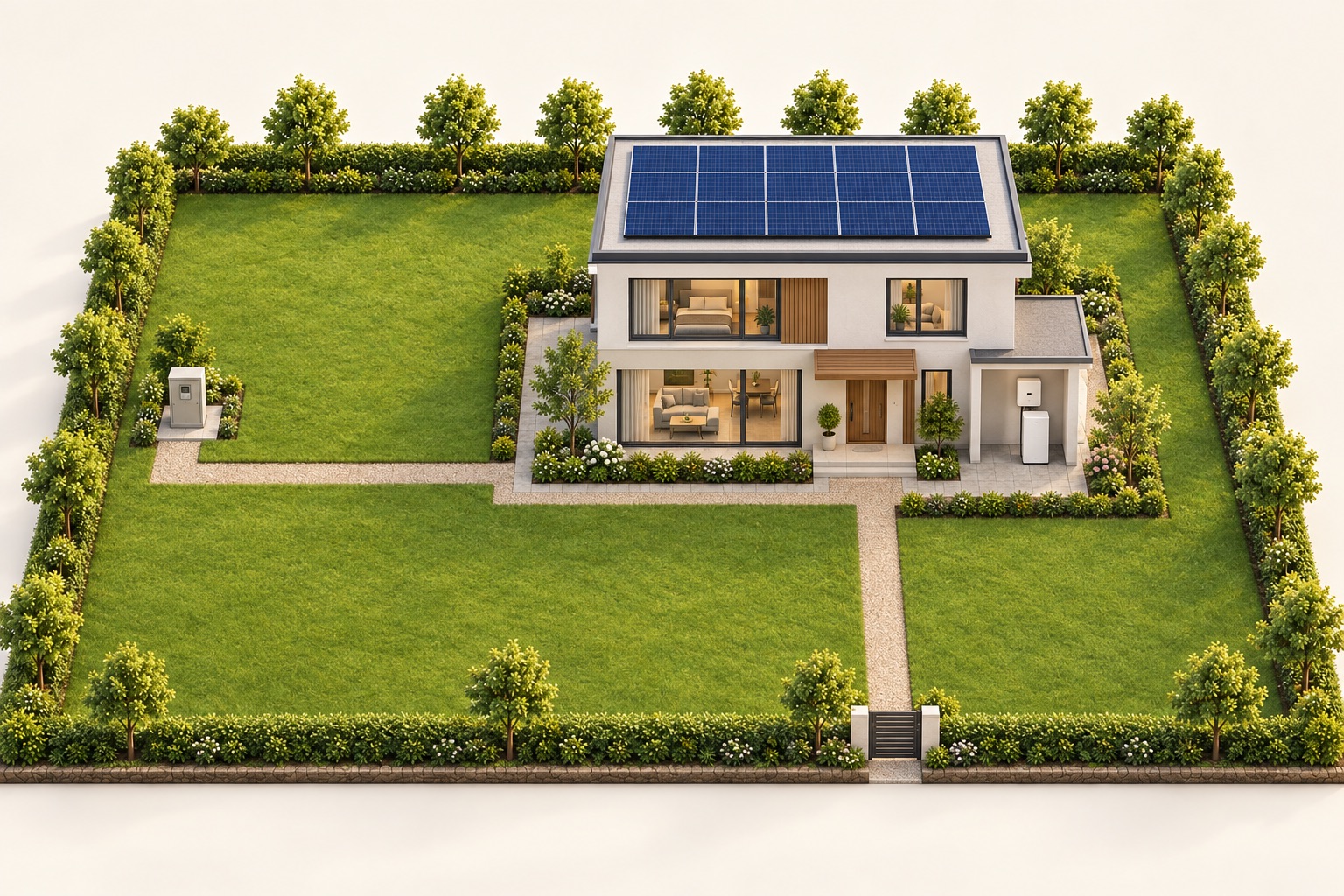 Düzenli yeşil bahçede çatı güneş panellerine, hibrit invertere ve ev bataryasına sahip modern ev