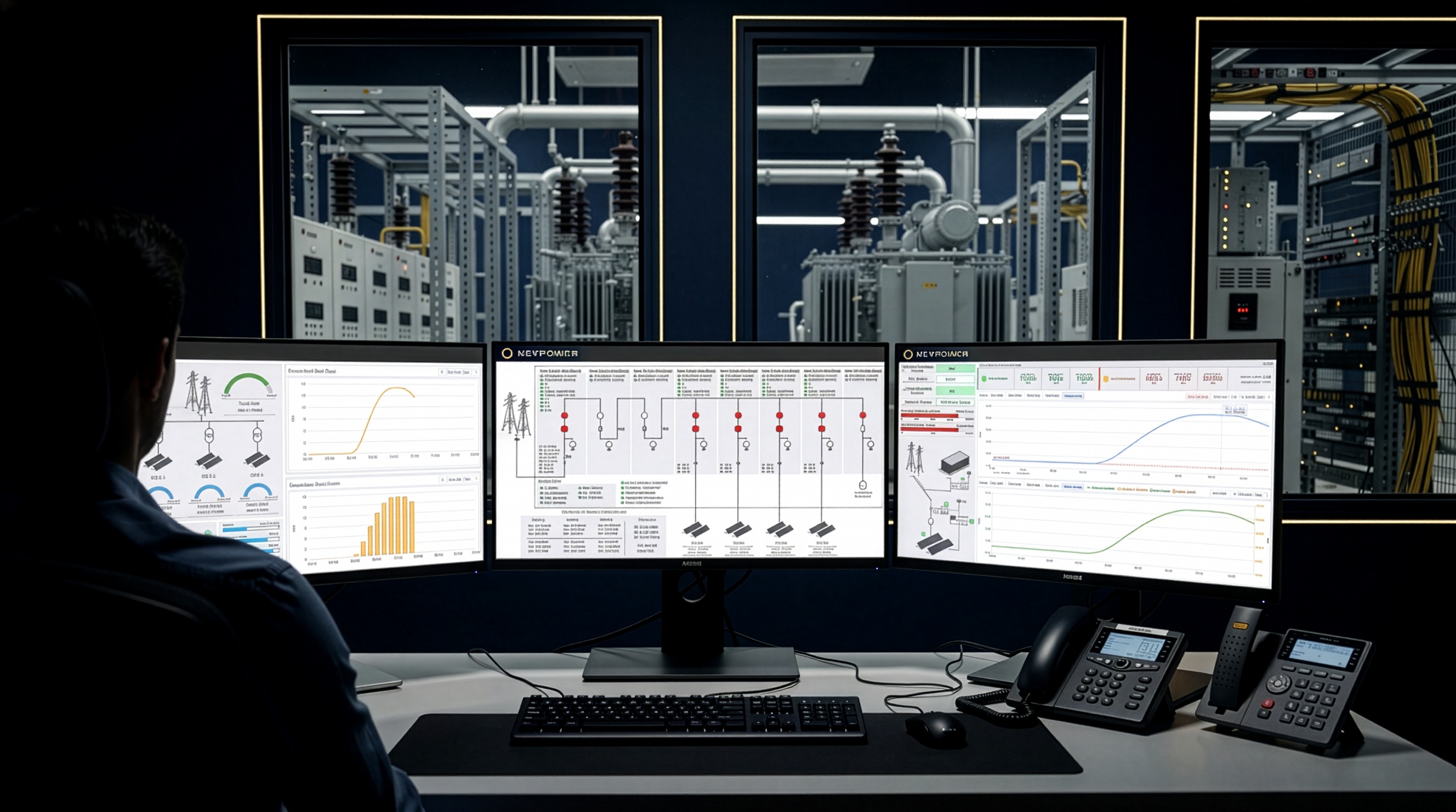 Santral güç kontrol ekranları ve elektrik ekipmanları