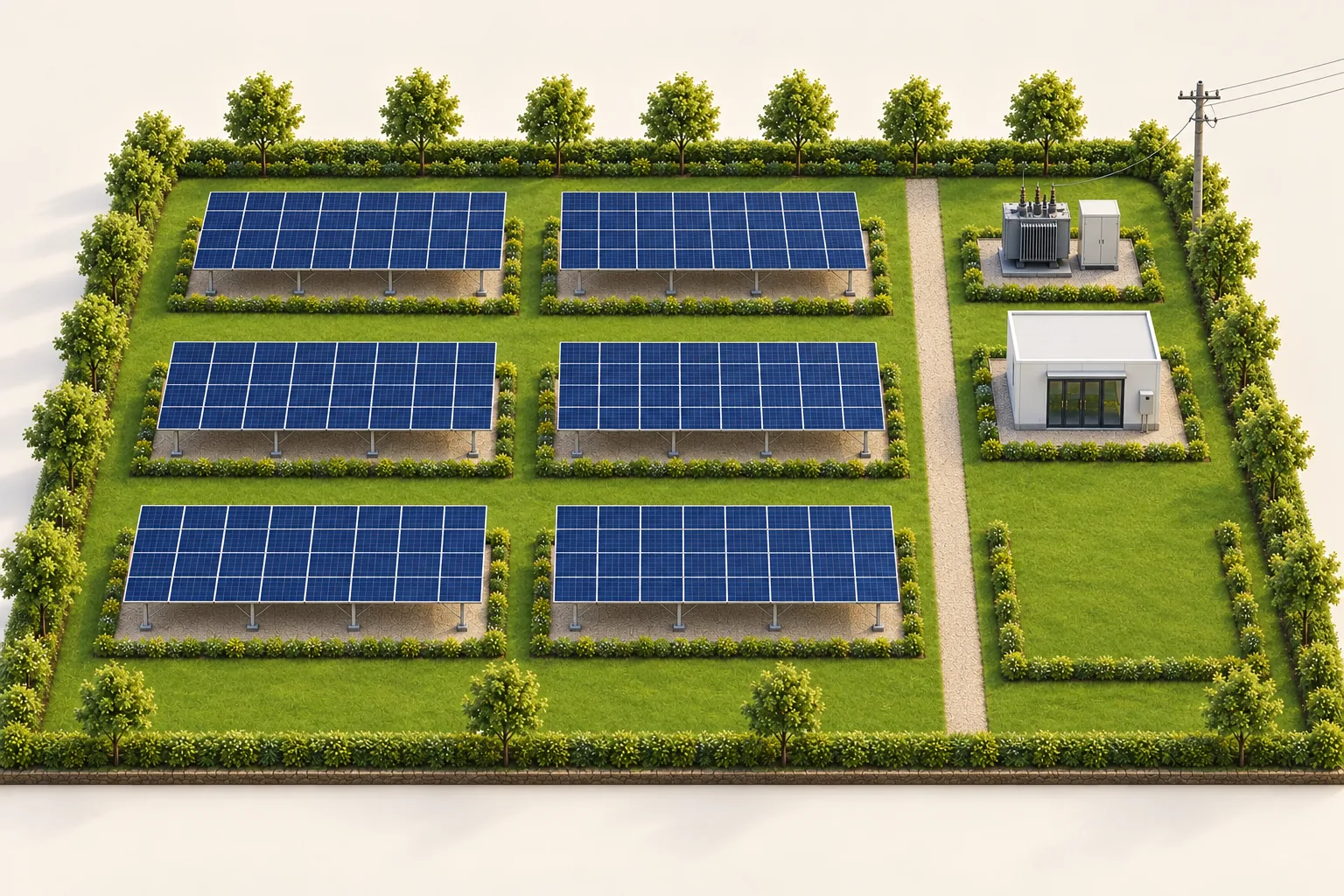 Altı panel grubu, trafo ve kontrol binasıyla tamamlanmış santral