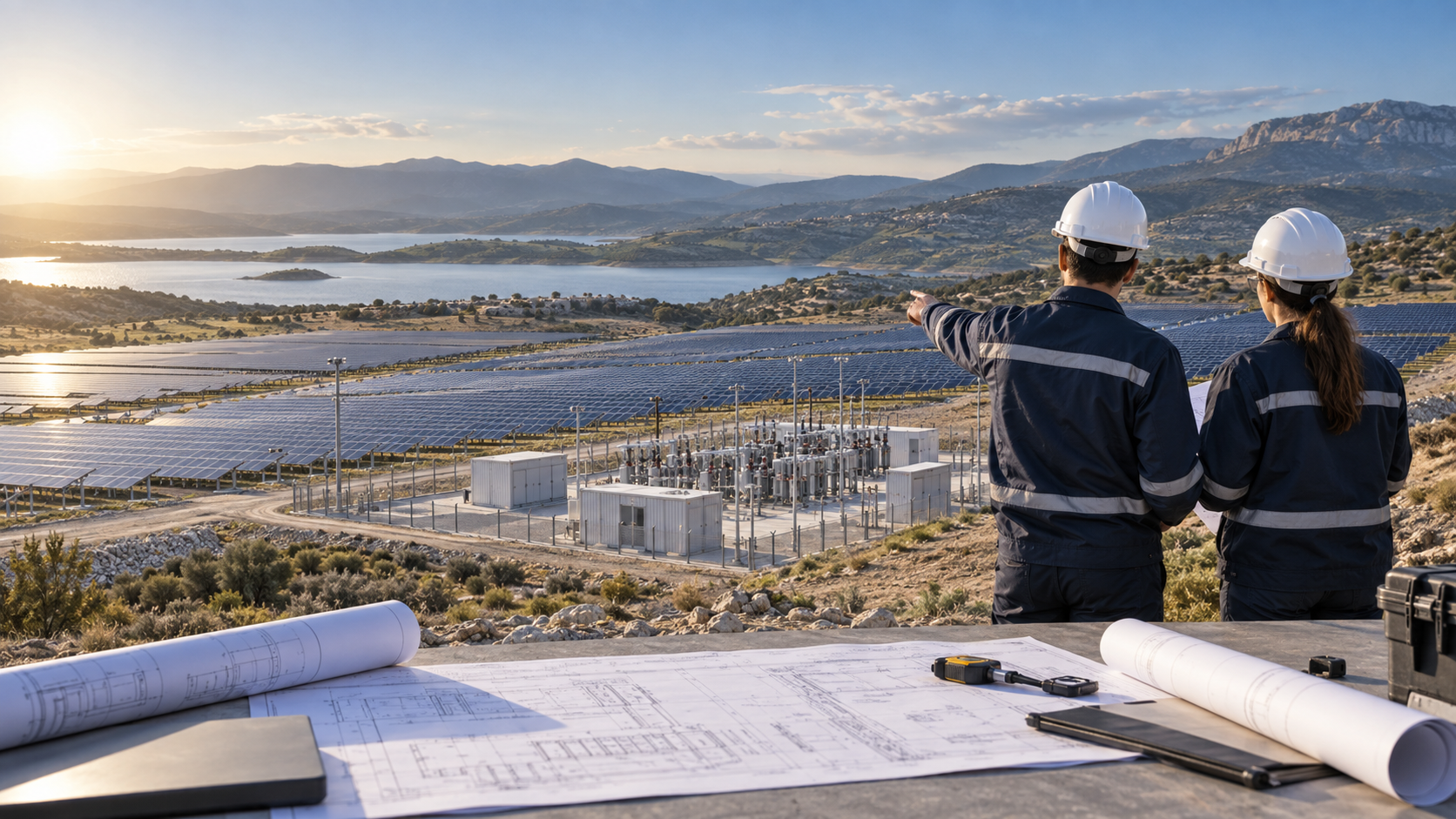 Güneş enerjisi santrali projesini saha planları üzerinden değerlendiren mühendisler
