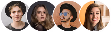 Quattro giovani adulti, due uomini e due donne, in primi piani circolari con diversi stili di abbigliamento e accessori.