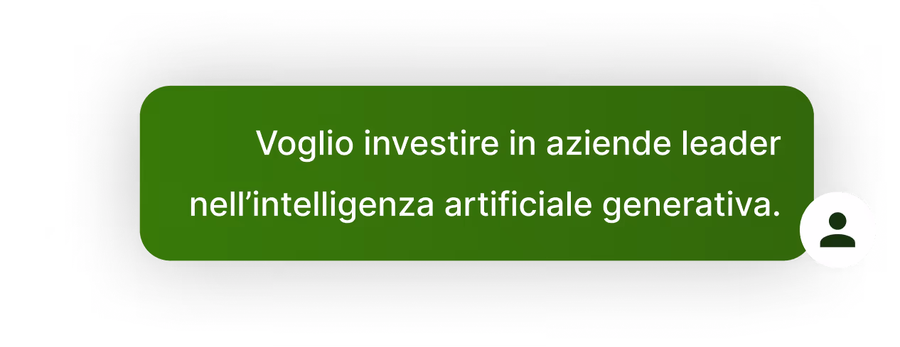 Messaggio di chat verde che dice Voglio investire in aziende leader nell’intelligenza artificiale generativa con icona utente bianca.
