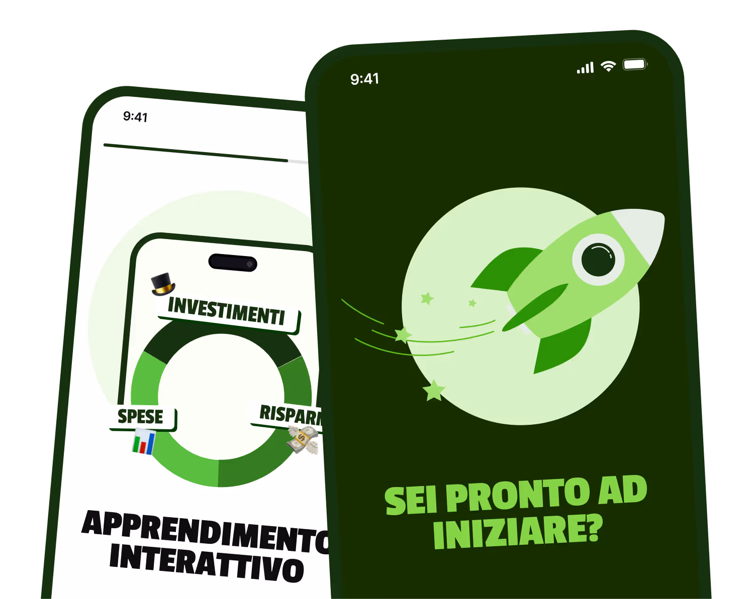 Schermate di telefono con grafico circolare su investimenti, spese e risparmi etichettati, testo 'Apprendimento interattivo' e un razzo verde con la scritta 'Sei pronto ad iniziare?'