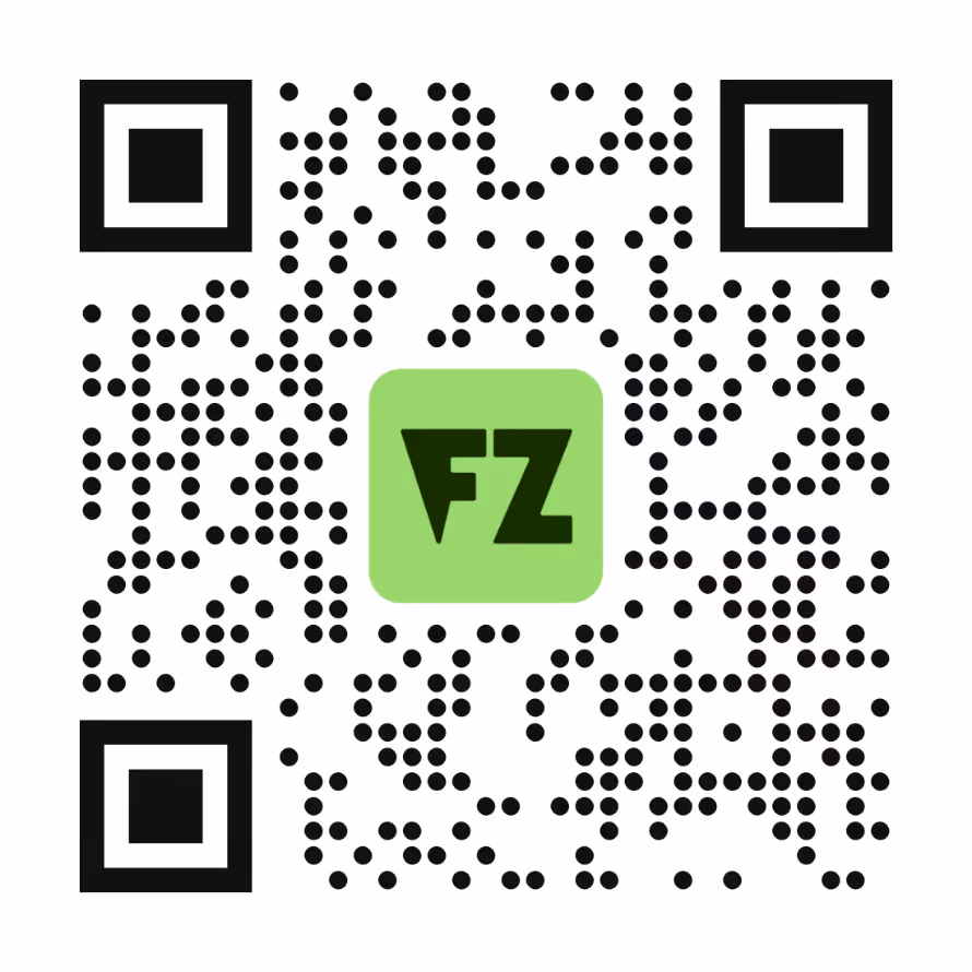 Codice QR con punti neri arrotondati su sfondo bianco e un quadrato verde al centro con le lettere 'FZ' in nero.