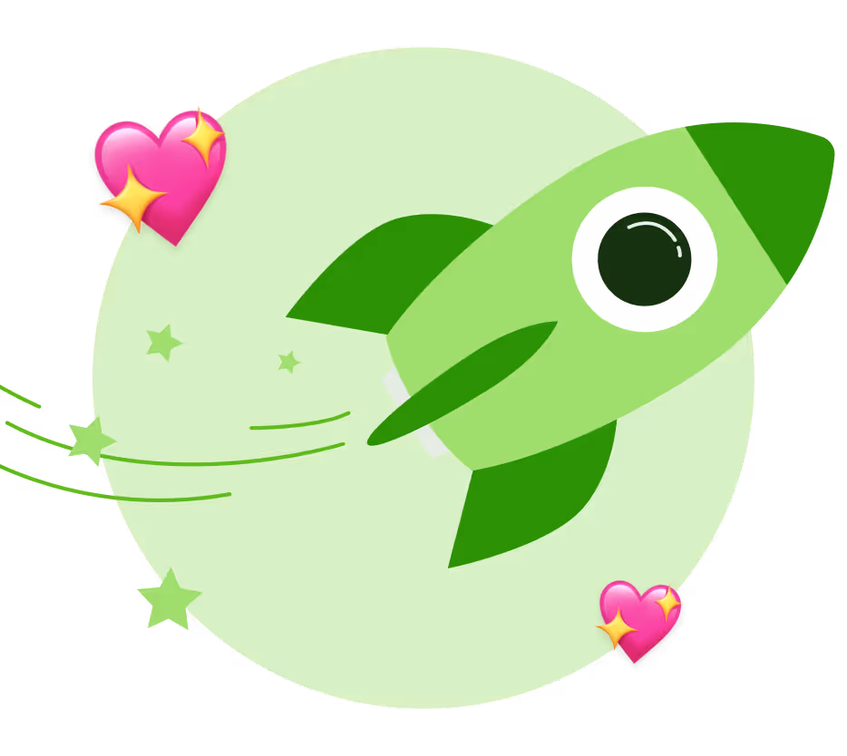 Illustrazione di un razzo verde con ali scure che vola con stelle verdi e cuori rosa scintillanti su sfondo tondo verde chiaro.