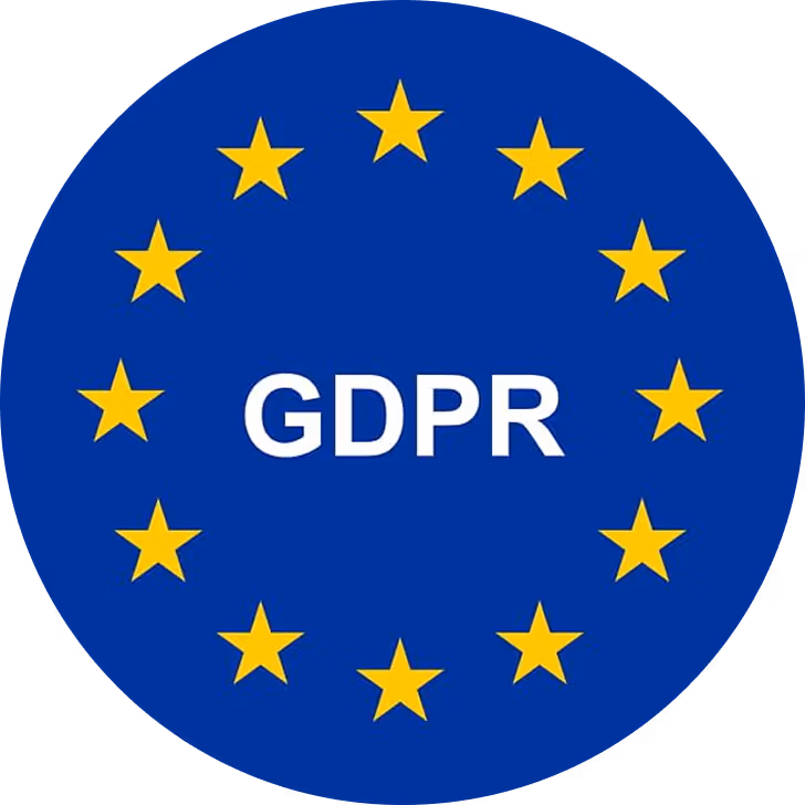 Cerchio blu con dodici stelle gialle disposte, con la scritta GDPR al centro.