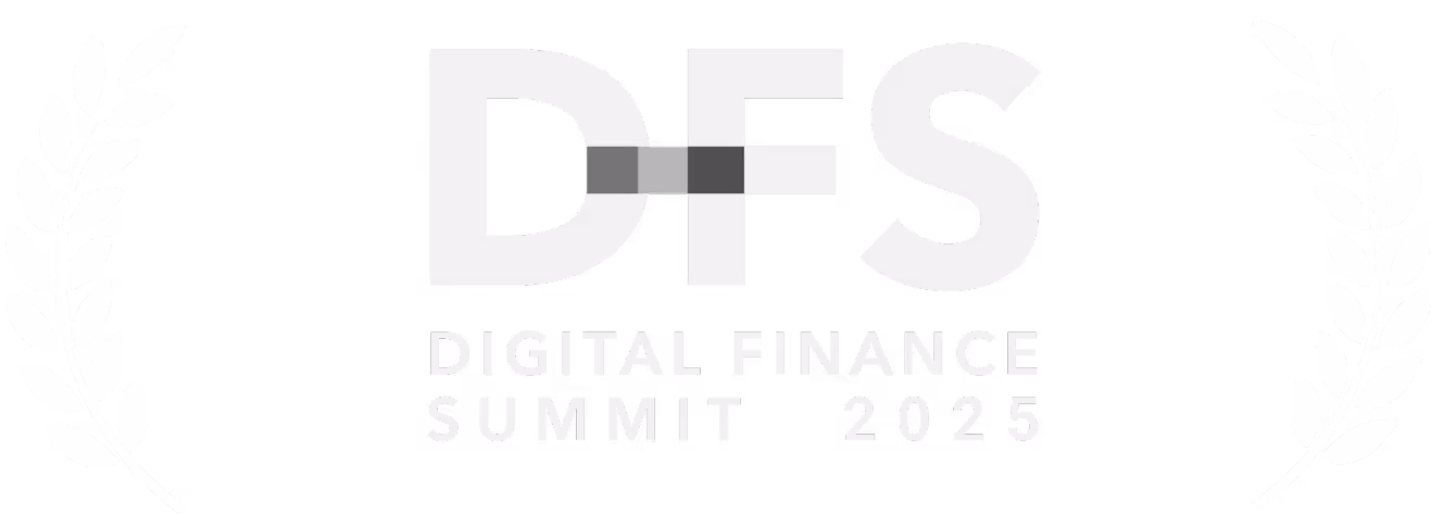 Logo DFS Digital Finance Summit 2025 con rami di alloro bianchi ai lati.