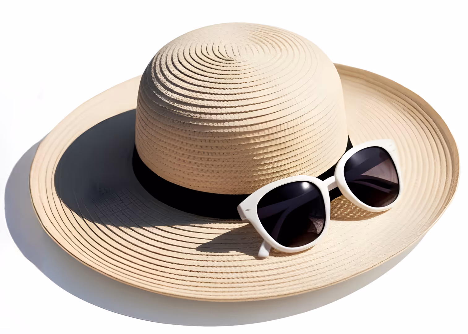 Cappello di paglia beige con una fascia nera e occhiali da sole con montatura bianca sopra la tesa.