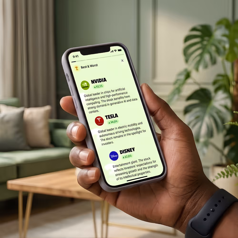 Hand with green nails holding a smartphone with a personal finance app in Italian and a cat dressed as a businessman reading a newspaper.