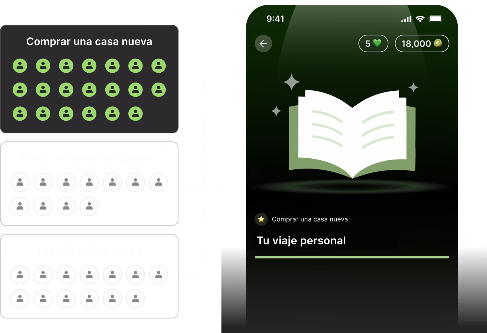 Ilustración de una app de educación financiera que muestra un recorrido personalizado para comprar una casa nueva. A la izquierda aparecen distintos objetivos financieros, como comprar una casa, tener una segunda pensión e invertir a largo plazo. A la derecha se ve la pantalla de un smartphone con un libro abierto y el texto “Tu viaje personal”, indicando el progreso del usuario en su camino de aprendizaje.