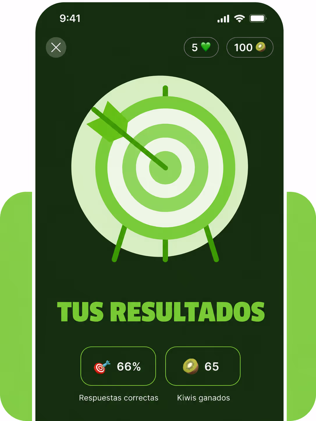 Captura de pantalla de una aplicación con un objetivo verde centrado por una flecha y los resultados muestran un 66% de respuestas correctas y 65 kiwis ganados.