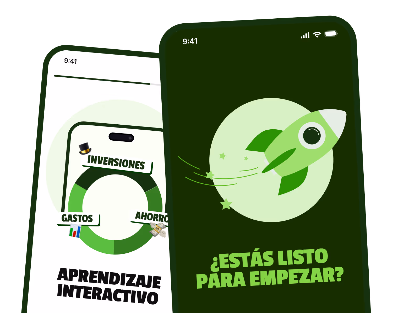 Pantallas telefónicas con una carta circular sobre inversiones, gastos y ahorros etiquetada, el texto «Aprendizaje interactivo» y un cohete verde con la inscripción «¿Estás listo para empezar? '