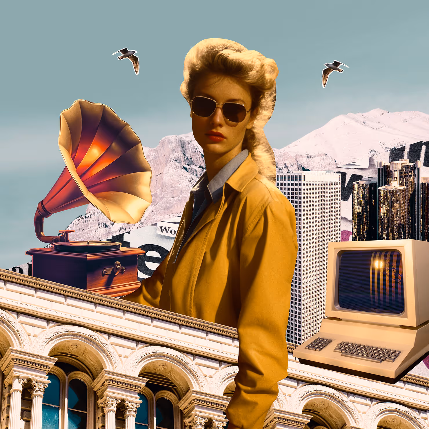 Vintage collage with a woman in sunglasses, gramophone, retro computer, and cityscape. Birds flying, architectural elements in the background.