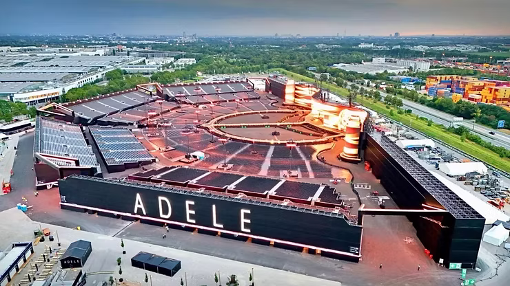 Aerial view of an empty temporary structure concert venue.