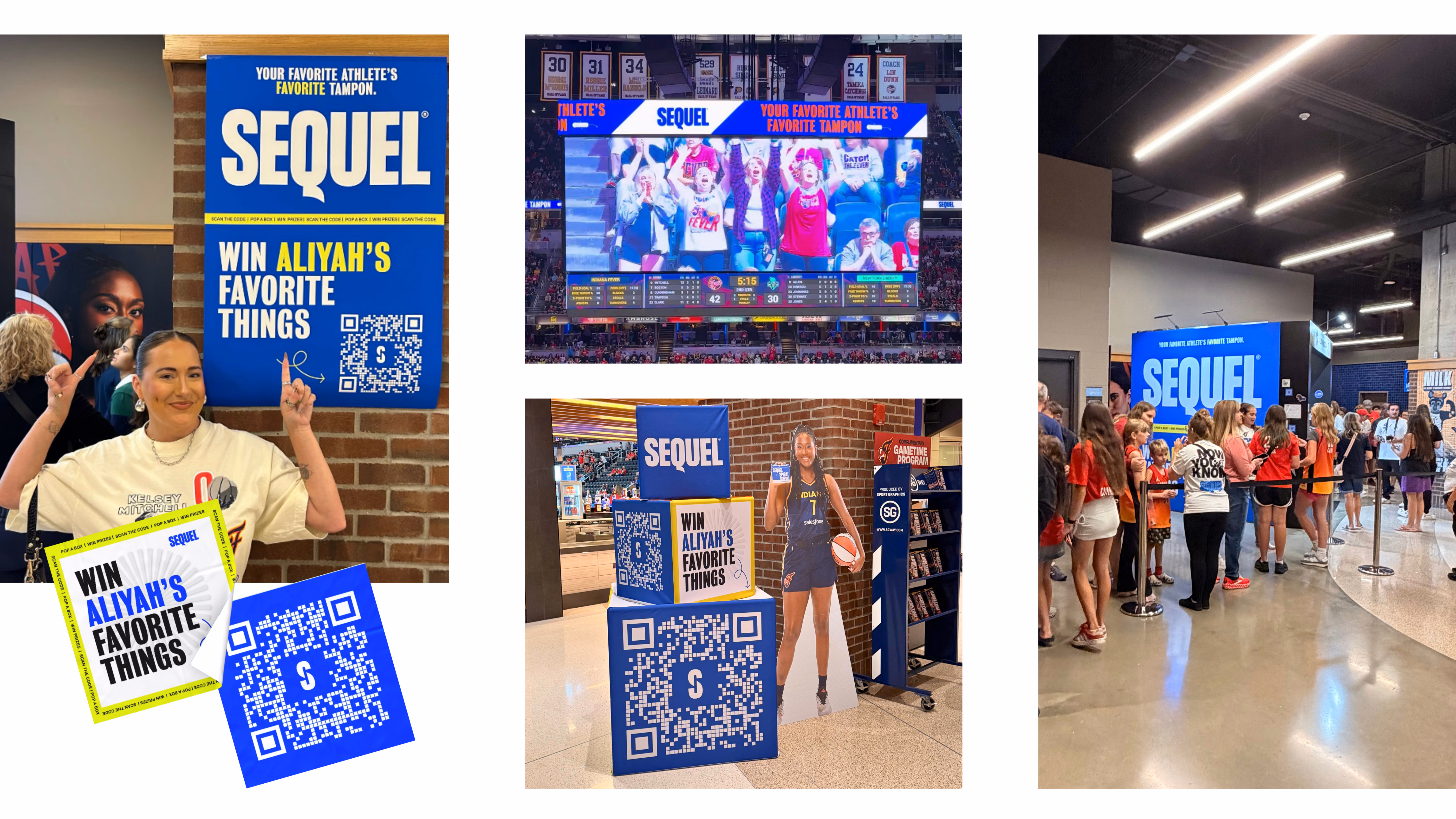 Three views of the Sequel QR code campaign at Gainbridge Fieldhouse: a fan holding a Win Aliyah’s Favorite Things sign, the jumbotron creative, and fans lined up at the locker room activation