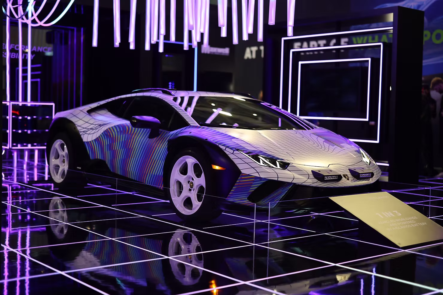 Clarios Experience the Grid exhibit at CES 2026 with the touch-activated Battery Monolith and LED lighting, a 30-by-50-foot booth