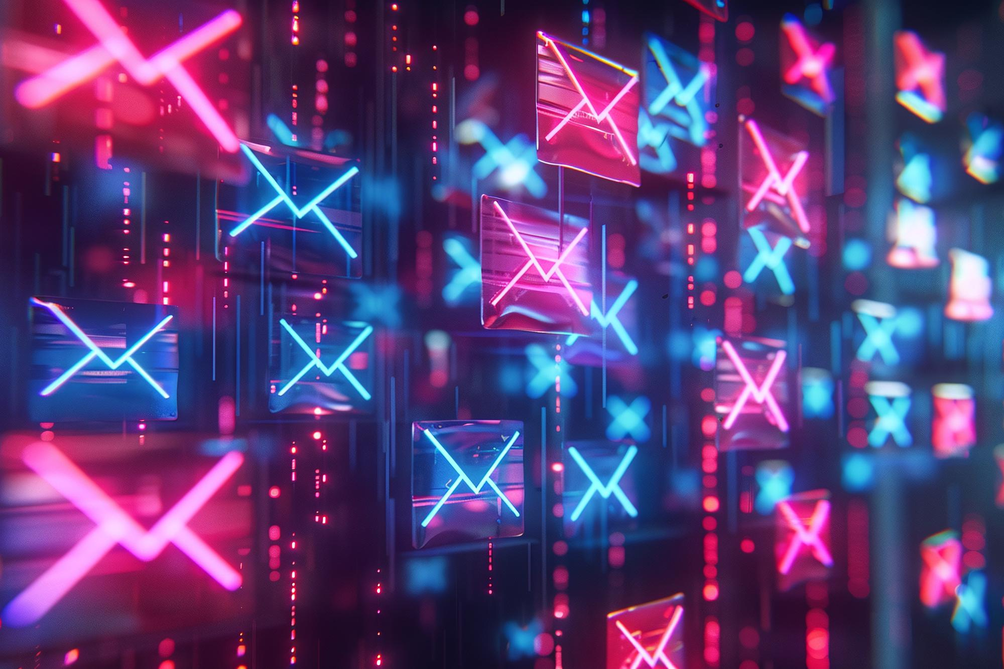 Neon blue and pink envelope icons floating in a digital space with a dark background.