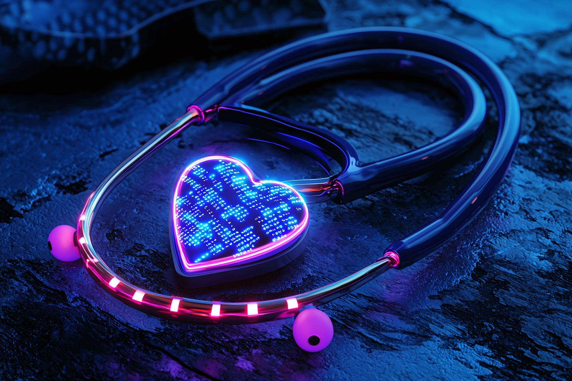 Stethoscope with a glowing digital heart shape displaying blue data patterns on a textured surface.