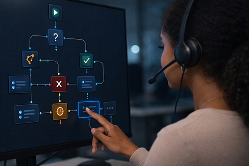 Télésecrétaire avec casque analysant un workflow digital affiché sur écran