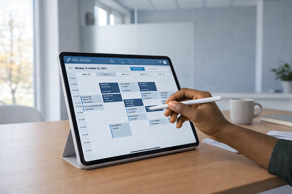Main pointant sur une tablette affichant un agenda numérique de planification des rendez-vous et de gestion d’activité